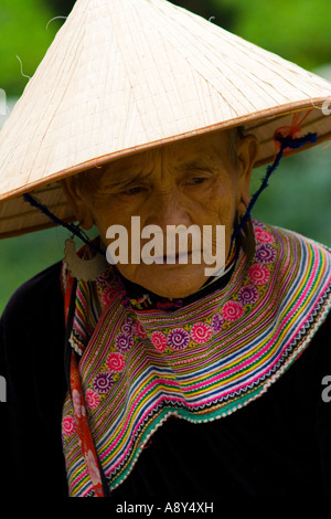 Personnes âgées Femme Flower Hmong Sapa Bac Ha marché près de Vietnam Banque D'Images