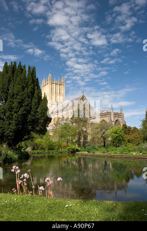 Angleterre Somerset Wells Wells Cathedral palais des évêques reflète dans les puits Banque D'Images