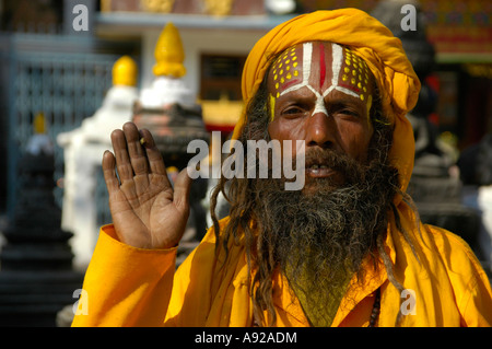 Saint homme Sadhu avec longue barbe et peint de couleur Népal Katmandou forhead Banque D'Images