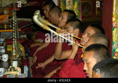 Des moines bouddhistes à la méditation et la lecture trompets Stupa Bodhnath Népal Katmandou Banque D'Images