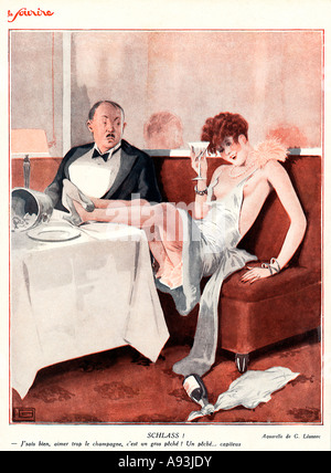 Schlass 1929 illustration française de la dame d'admettre son goût pour les pécheurs il paraît quelque peu morose champagne Banque D'Images