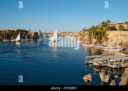 Ferry-boats et des felouques sur le Nil, Assouan, Egypte Banque D'Images
