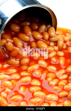 Ouverture du pot de élevée en fibres alimentaires des haricots blancs en sauce tomate isolé sur un fond blanc avec aucun peuple et un chemin de détourage Banque D'Images