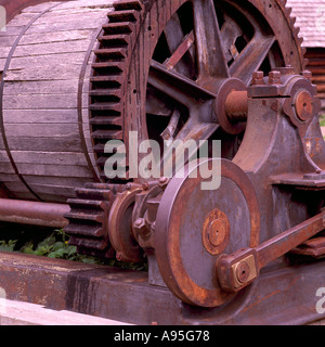 Roue dentée machines utilisées dans le bâtiment historique de Barkerville Gold Rush dans la région de Cariboo en Colombie-Britannique, Canada Banque D'Images