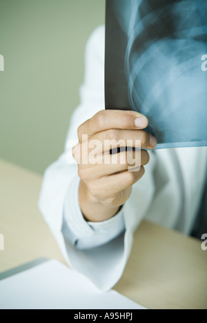 Doctor holding up x-ray de cage thoracique, vue partielle Banque D'Images