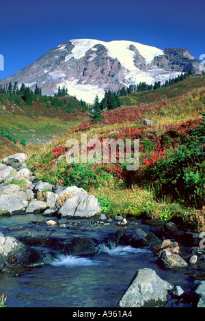 Mt Rainier au-dessus du ruisseau Edith Banque D'Images