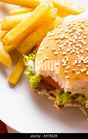 Les morsures de cheeseburger avec frites pris FoodCollection Banque D'Images