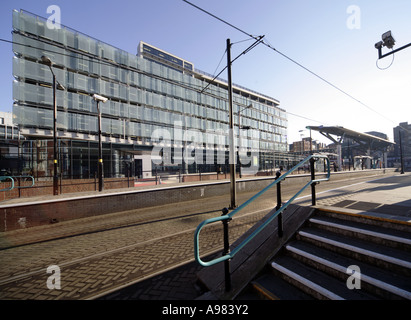 Vue de la plate-forme tramway et de l'échangeur de Shudehill dans le Nord de Manchester UK Banque D'Images