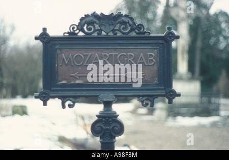 Un panneau indiquant le chemin de la tombe de Mozart dans le cimetière de Saint Marx, Vienne. Banque D'Images