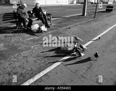 Vieux couple nourrir les pidgeons sur le front de mer de Weston-Super-Mare, Somerset, Angleterre. (Image en noir et blanc) Banque D'Images