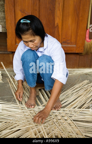 Femme thaïlandaise à partir de la région de Chaing Rai tissant un panier de bambou fendu ces paniers sont utilisés pour les produits agricoles Banque D'Images
