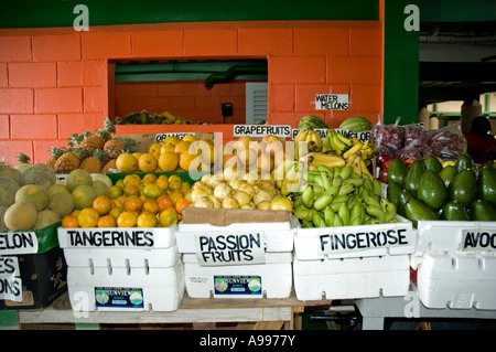 Une bonne sélection de fruits et légumes frais et locaux à l'écran en face d'un mur peint en rouge à St John's, Antigua-marché Banque D'Images