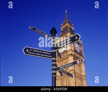 Sites touristiques PANNEAU DIRECTION BIG BEN HOUSES OF PARLIAMENT LONDON ENGLAND UK Banque D'Images