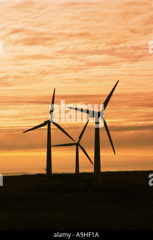 Silhouette de 3 turbines d'énergie éolienne contre orange ciel au coucher du soleil avant de produire de l'électricité en Pays de Galles, Royaume-Uni de Bryn Titley Wind Farm Banque D'Images