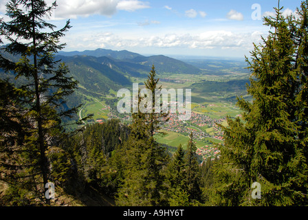 Vue à travers les arbres de l'épinette de Norvège Picea abies de Laberberg sur Oberammergau Allemagne Bavière Banque D'Images