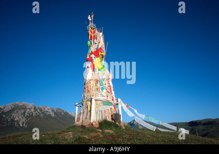 26 juillet 2006 - pôle avec les drapeaux de prières marquant une sépulture ciel local sur une montagne au-dessus de Dachang Lamo Kerti Gompa. Banque D'Images