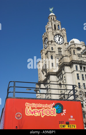 Wirral et Liverpool ville rouge tour bus au Liver Building près de l'Albert Dock Liverpool Merseyside England UK GB EU Europe Banque D'Images