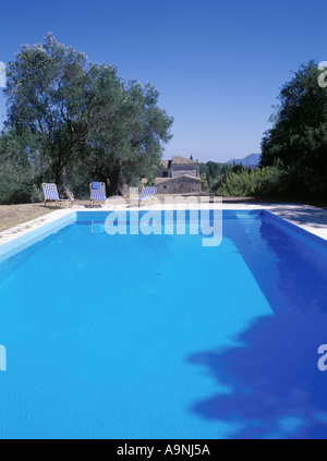 Villa et piscine déserte à Corfou en Grèce avec l'arrière-plan d'oliviers Banque D'Images