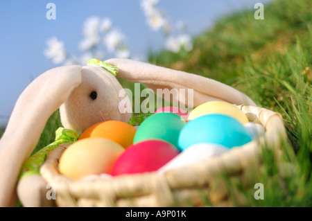 Maison de lapin de Pâques avec un panier plein d'oeufs colorés en plein air de printemps Banque D'Images