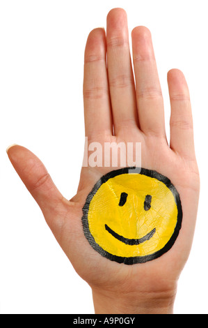 La main avec un drôle de symbole de smiley happy smiling geste expressif découpe blanc isolé Banque D'Images