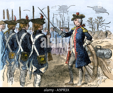 Le baron Friedrich Wilhelm von Steuben de forer les troupes américaines à Valley Forge au cours de la guerre révolutionnaire. À la main, gravure sur bois Banque D'Images