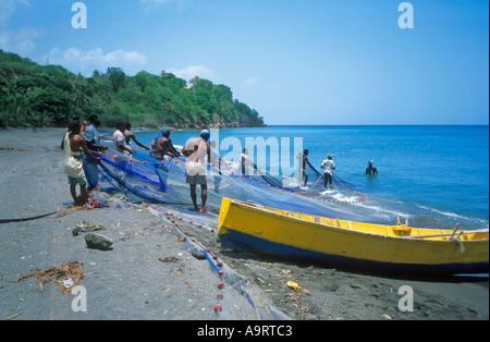 Les pêcheurs transportent leurs filets depuis le rivage près de la capitale Roseau, dans le pays de la Dominique, dans les Antilles. Banque D'Images