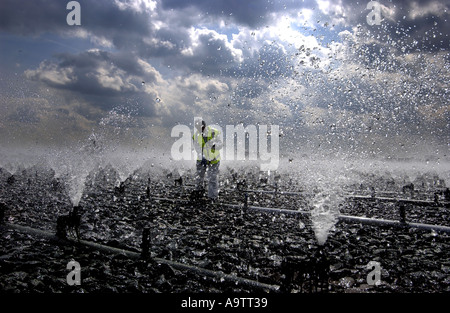 Un travailleur d'effectue des travaux d'entretien et nettoyage essentiel à Severn Trent Water's Wanlip d'égouts en Leicester Banque D'Images