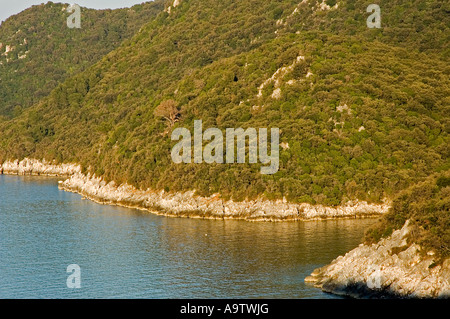 Vue panoramique sur le littoral rocheux de l'île de Lastovo, Croatie. Banque D'Images