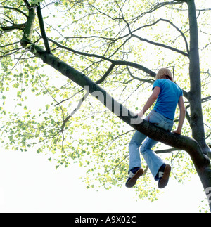 Vue arrière de l'adolescent adolescent jeune fille enfant jeune femme assise en hauteur sur la branche d'un arbre au printemps pays de Galles Royaume-Uni KATHY DEWITT Banque D'Images