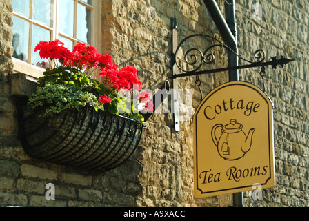Rangez-vous sur l'affiche du salon de thé Wold Cottage mur en pierre moelleux avec fenêtre d'affichage de fleurs de géranium rouge Cotswolds Gloucestershire Angleterre Royaume-Uni Banque D'Images