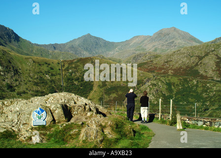 Les gens à la montagne Snowdon au bord de la route de jeter par près de l'Llanberis pass inclut National Park sign Banque D'Images