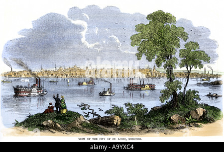 Vue de la ville de St Louis de la rivière Mississippi, années 1850. À la main, gravure sur bois Banque D'Images