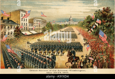 Grand Examen de l'armée à la fin de la guerre civile sur Pennsylvania Avenue à Washington DC Mai 1865. Lithographie couleur Banque D'Images