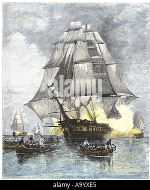 USS Constitution remorqué par chaloupes encalminé loin de la flotte britannique pendant la guerre de 1812. À la main, gravure sur bois Banque D'Images