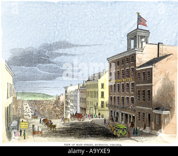 Rue principale à Richmond en Virginie avant la guerre civile de 1850. À la main, gravure sur bois Banque D'Images