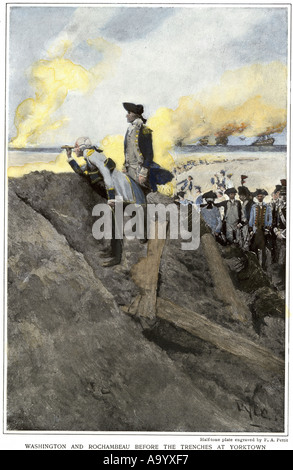 Le général George Washington et le Général français Rochambeau supervisant les tranchées de la bataille de Yorktown 1781. À la main, gravure sur bois Banque D'Images