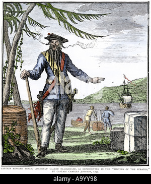 Le capitaine Edward Teach communément appelé le pirate barbe noire. À la main, gravure sur bois Banque D'Images
