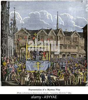 Mystère de Coventry performance dans les années 1400 ou des années 1500 en Angleterre. À la main, gravure sur bois Banque D'Images