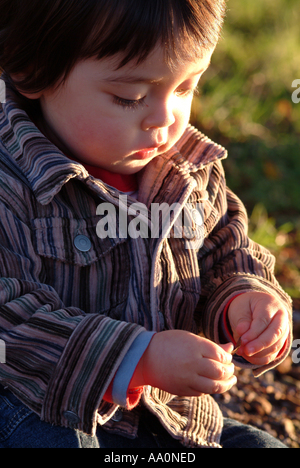 Enfant assis et regardant une feuille Banque D'Images