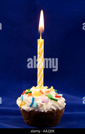 Une bougie d'anniversaire sur un petit gâteau avec des paillettes. Banque D'Images