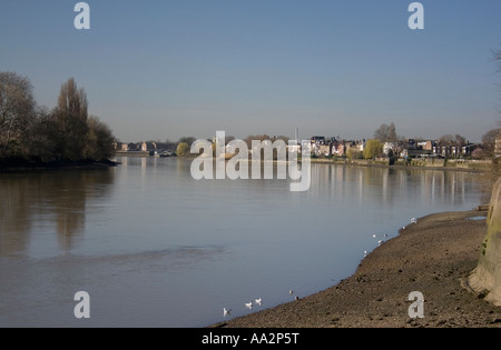 Tamise aux postes de quartiers de Londres Hammersmith et Chiswick avec Chiswick Mall et Chiswick Eyot reflète les bâtiments à gauche de l'île, Londres Banque D'Images