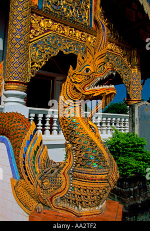 Détail de la tête de naga, détail, tête de naga, escalier, Wat Phra Singh, vers 14e siècle, chiang mai, la province de Chiang Mai, Thaïlande, Asie du Sud, Asie Banque D'Images