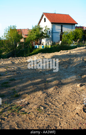 Nouvelle maison construite dans la banlieue de Belgrade avec ruches en Serbie le jardin Banque D'Images