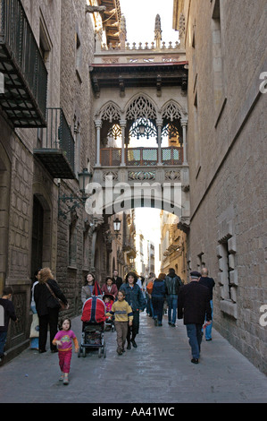 Barcelone, le pont des soupirs, les touristes dans la Carrer del Bisbe, quartier gothique, Barcelone, Catalogne, Espagne Banque D'Images