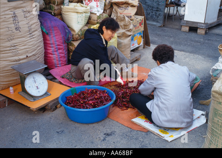 Les femmes coréennes dans Jung ang Hwanghak marché tri Dong Seoul piments séchés Banque D'Images