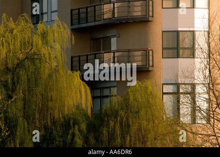 Nouveaux appartements au bord de la rivière Aire centre de Leeds d'un balcon avec soleil du matin et les ombres Banque D'Images