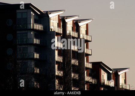 Nouveaux appartements au bord de la rivière Aire centre de Leeds et d'un balcon terrasse de toit en grève Banque D'Images