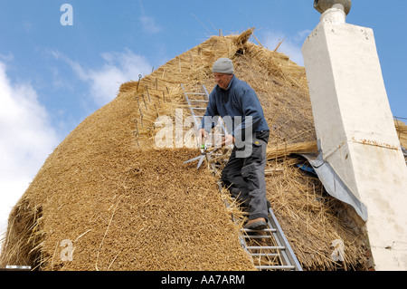 L'homme de la toiture, chalet chaume, Oxfordshire, UK Banque D'Images