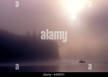 Un canot glisse à travers le brouillard et la brume d'un matin d'été sur la rivière Restigouche, dans le nord du Nouveau-Brunswick, Canada Banque D'Images