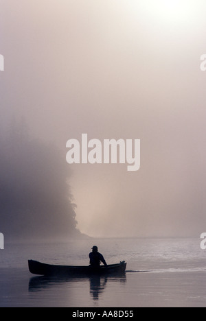 Un canot glisse à travers le brouillard et la brume d'un matin d'été sur la rivière Restigouche, dans le nord du Nouveau-Brunswick, Canada Banque D'Images